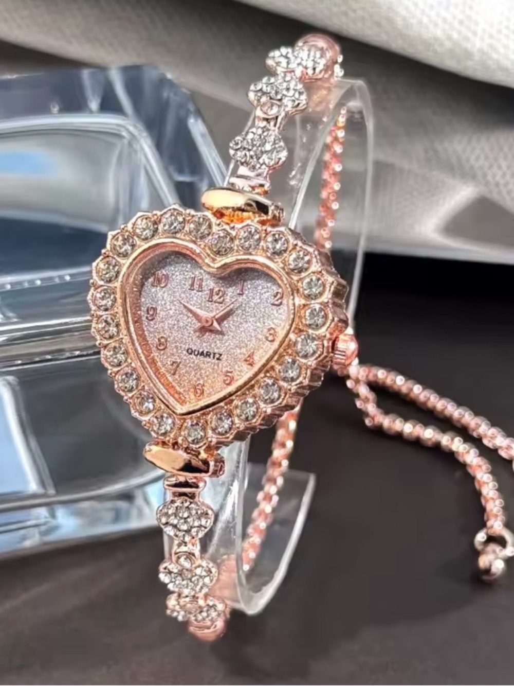 Macy's Rose Gold Heart Crystal Accent Women's Bracelet Watch